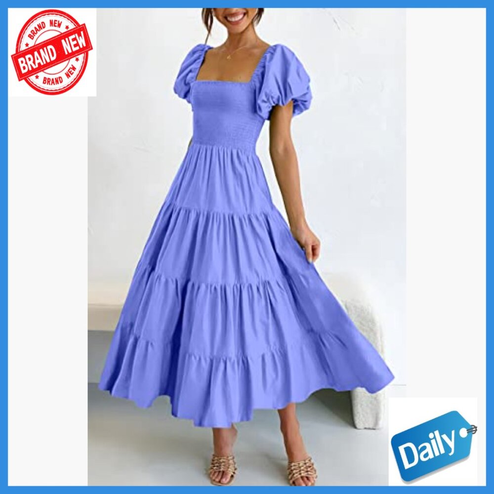 Puffy Sleeve Square Neck Smocked Midi Dress Tiered Ruffle Summer Casual - Picture 3 of 7
